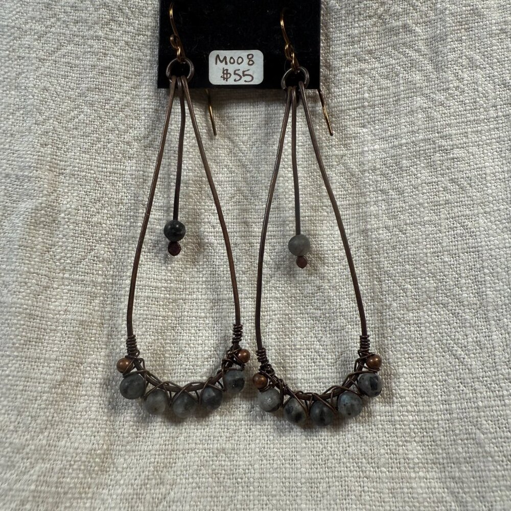 Boho Handmade Wire Wrapped Natural Larvikite Bead Hoop Dangle Earrings Jewelry